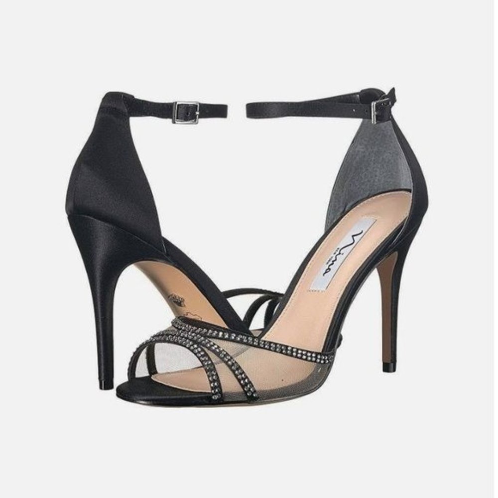 NWT Nina Womens Black Calissa Rhinestone Heeled Evening Sandal Shoe Size 8M